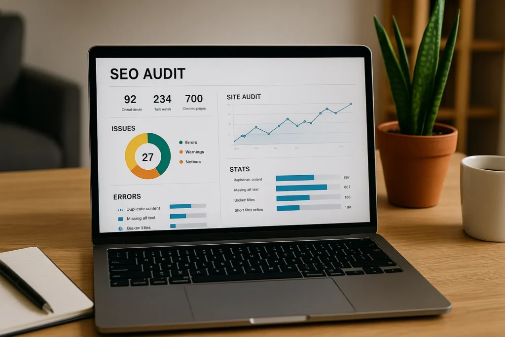 Laptop screen displaying modern SEO audit metrics