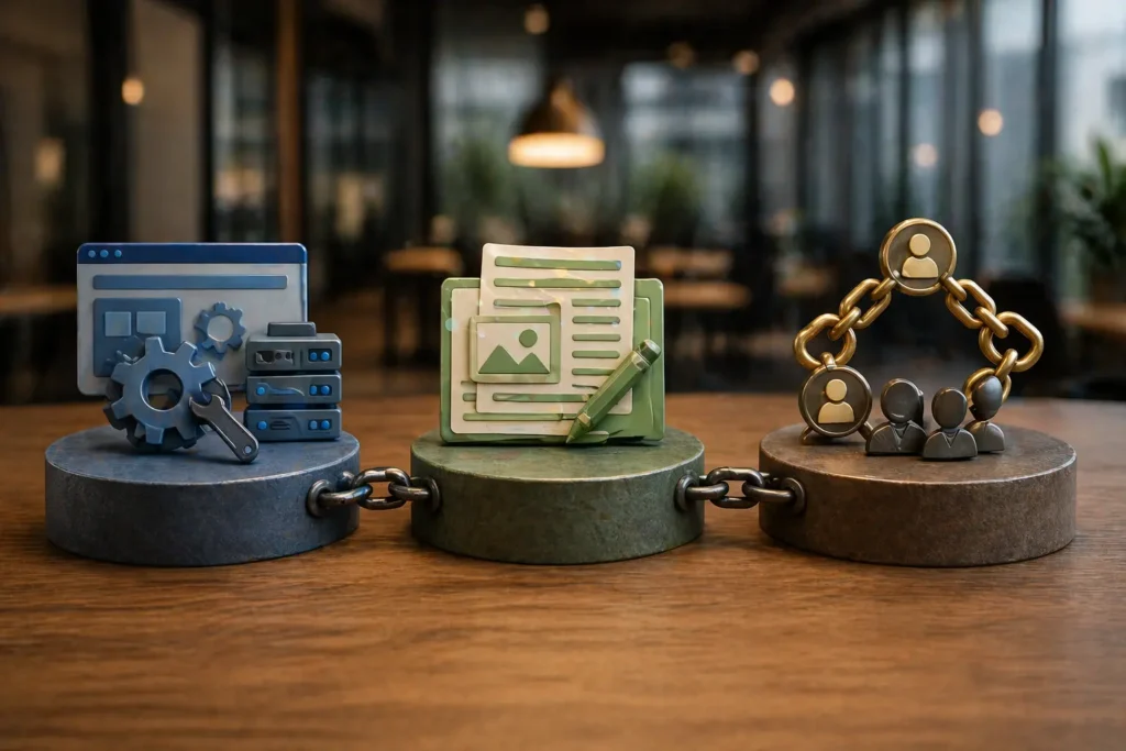 Technical health, content, and authority building are linked to one another